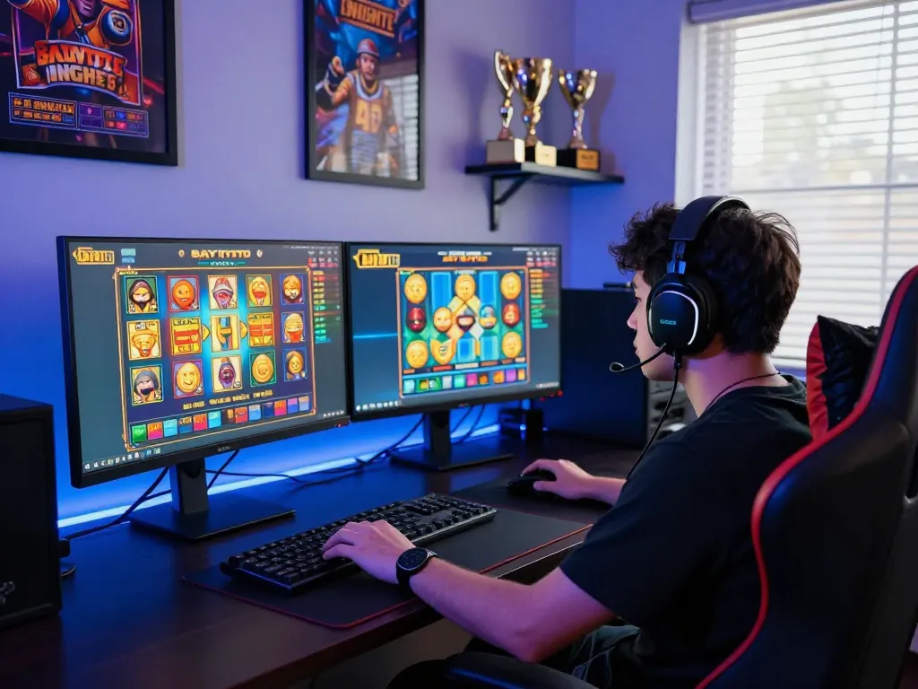 Engaged player on BAYITOTO enjoying vibrant slot games and lottery results in an immersive gaming setup.