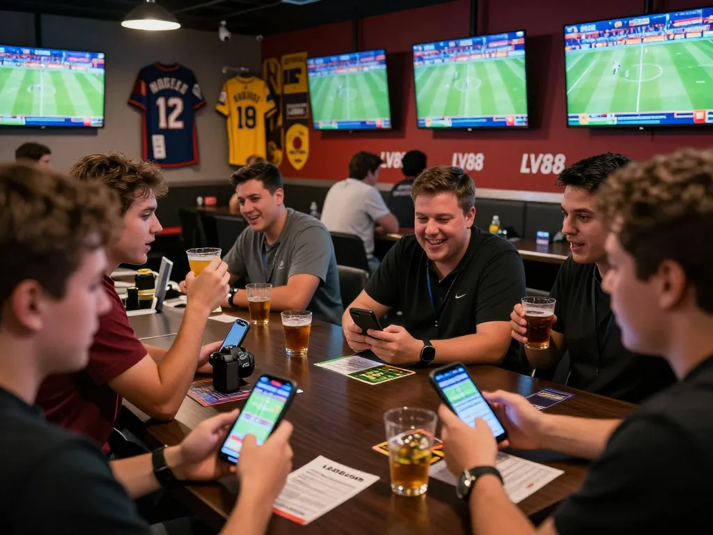 Fans cheering and placing bets on LV88.com while watching live sports in a vibrant lounge.