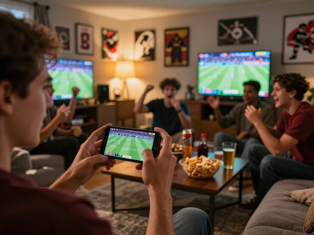 KQBD mobile betting scene with engaged friends sharing excitement and action of live sports