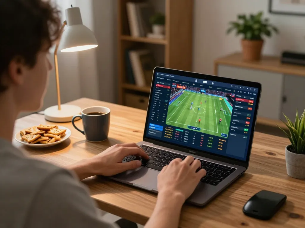 Cakhiatv user placing bets online in a cozy home gaming setup, highlighting strategic sports betting.