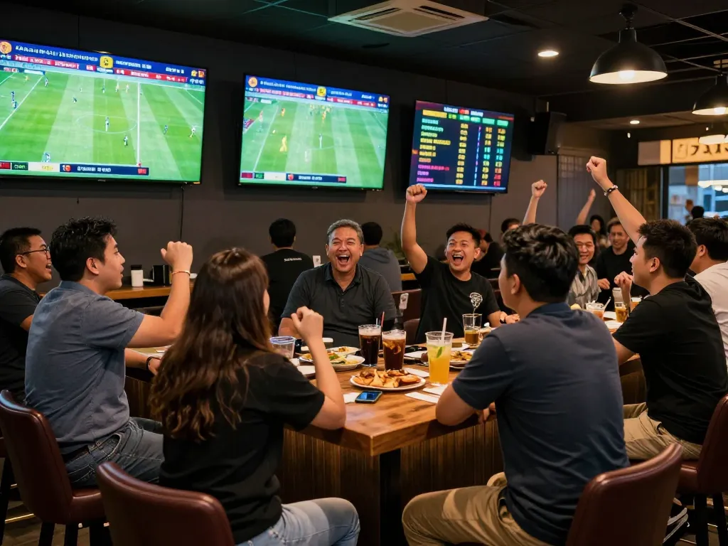 Bettors cheer for their teams while placing sports bets on BK8 during an exciting match at a lively bar.