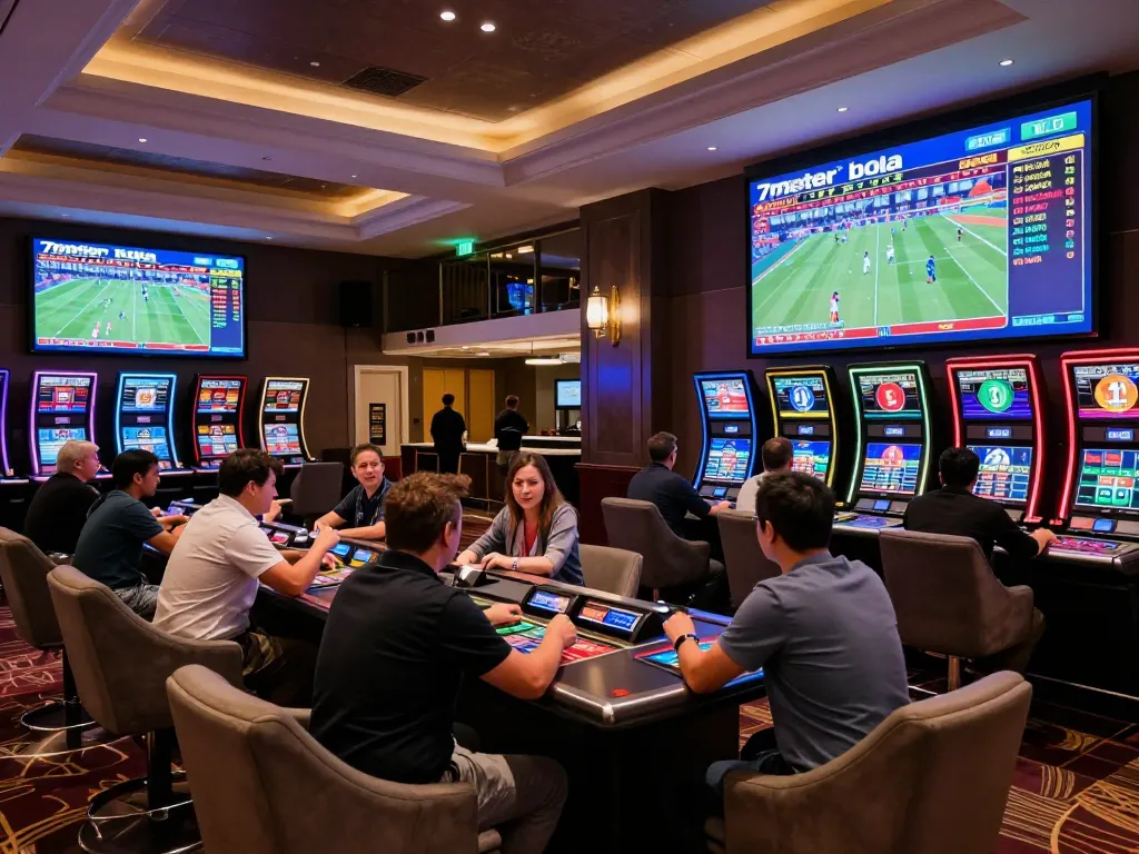 Spectators placing bets at a high-end sports betting lounge while analyzing 7meter bola odds on screens
