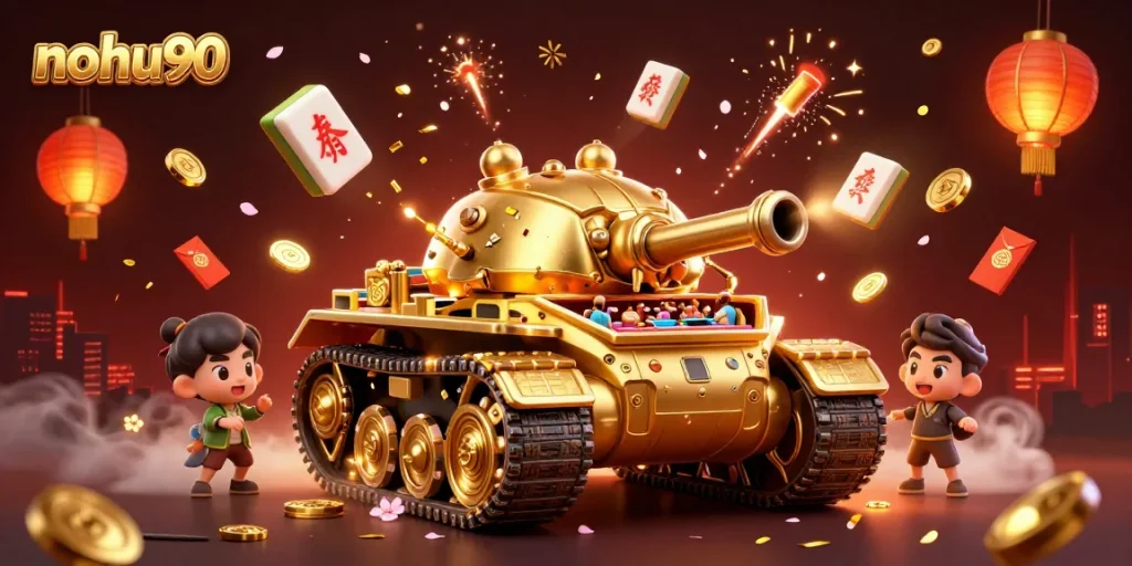 Experience the excitement of nohu90 with a dynamic, vibrant casino scene featuring golden beetle tank and games.