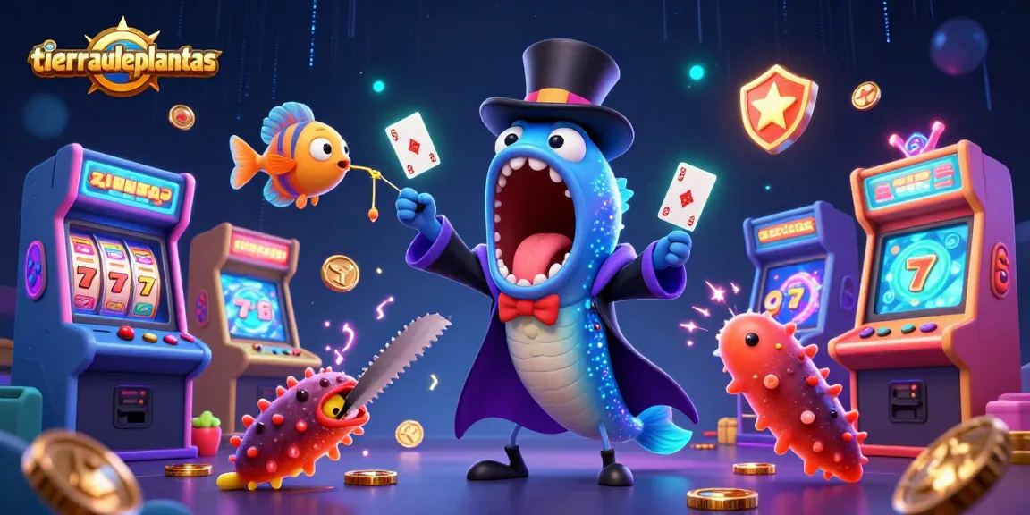 Engage with tierradeplantas as a bioluminescent eel performs magic tricks amidst vibrant slot machines.