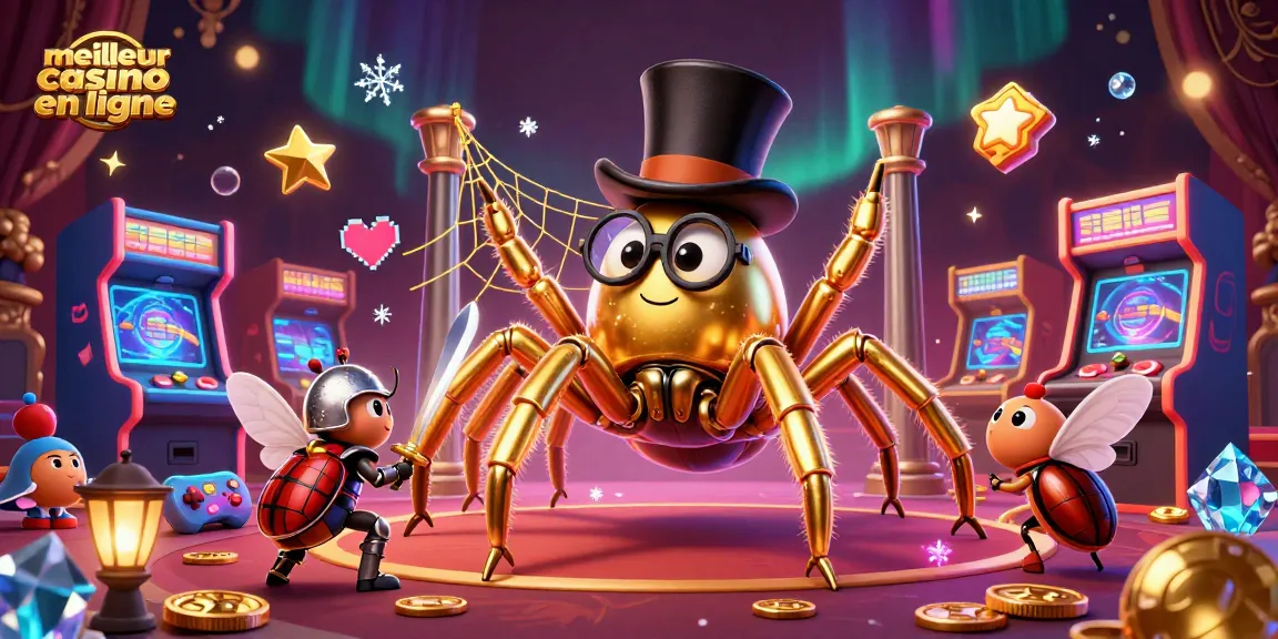 Découvrez le meilleur casino en ligne avec une illustration cartoon captivante présentant une tarentule dorée tissant une toile.