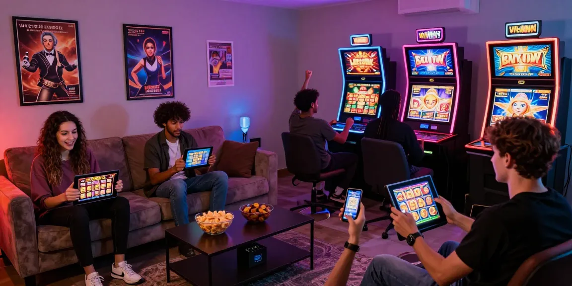 Exciting scene of players enjoying situs slot games on digital devices in a cozy setting, celebrating wins.