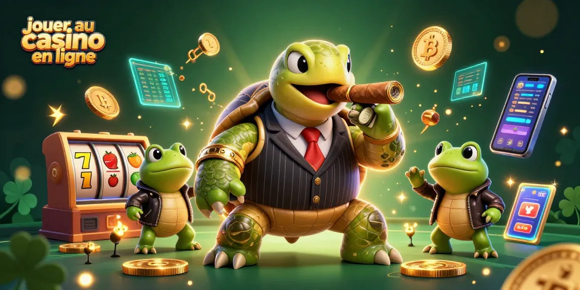 Jouer au casino en ligne avec une tortue en costume vintage et des grenouilles, entourés de pièces Bitcoin et Ethereum.