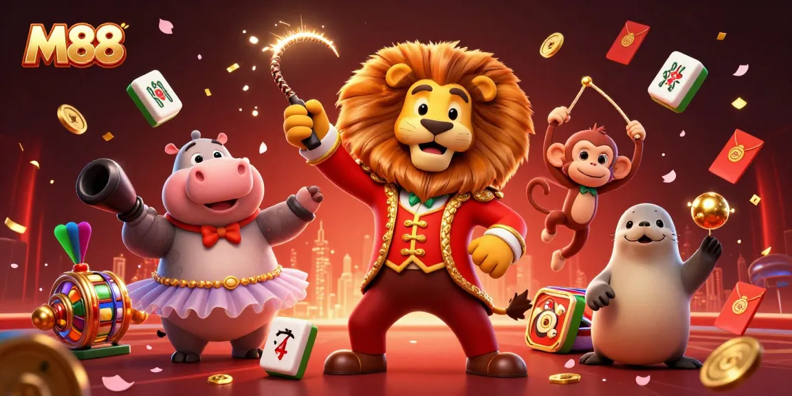 Engage with M88's vibrant casino atmosphere featuring a circus theme with slots and joyful characters