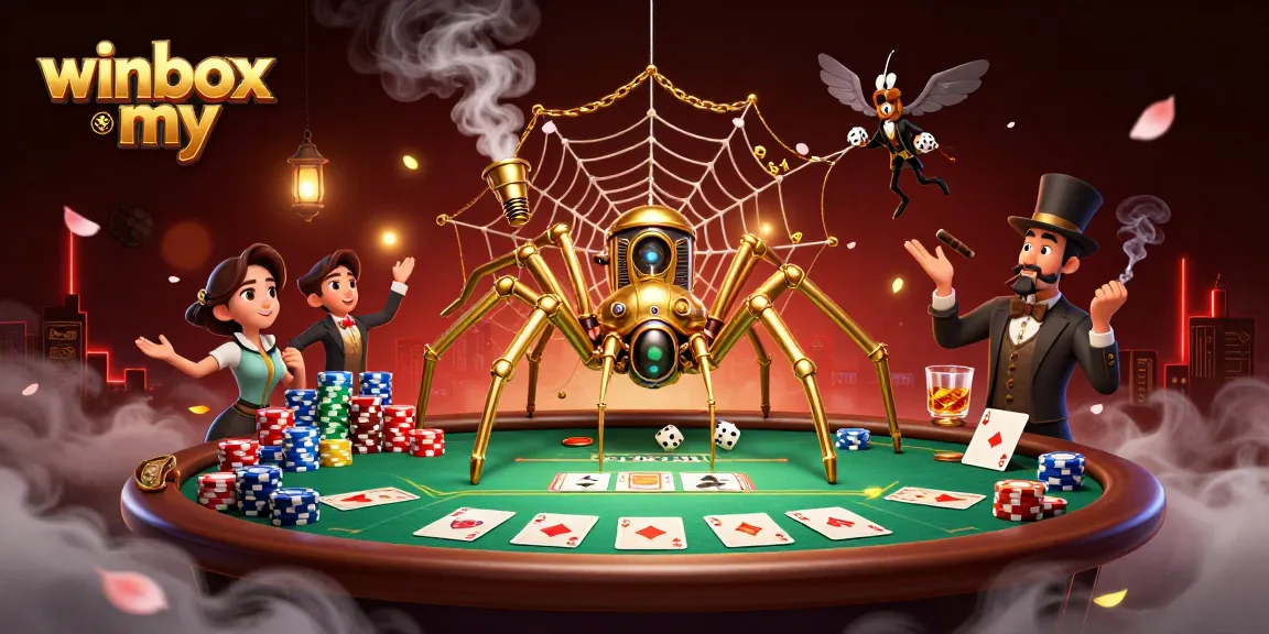 Experience the thrill of winbox my with a steampunk spider ensnaring fortune in a dynamic casino scene.