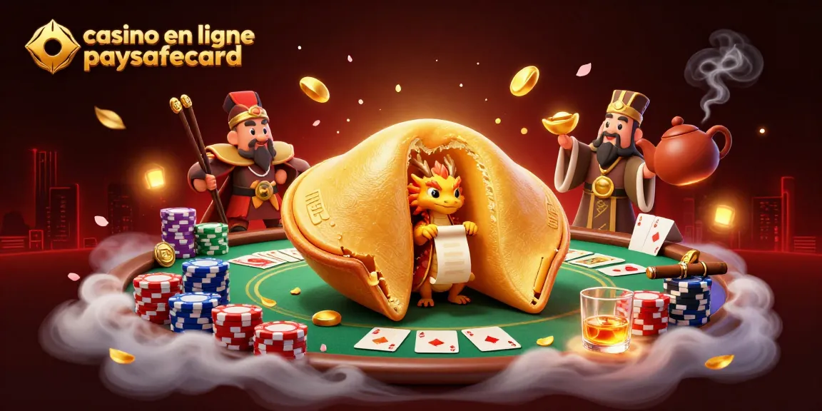 Découvrez le casino en ligne paysafecard avec une illustration dynamique remplie de personnages et d'éléments de jeu.