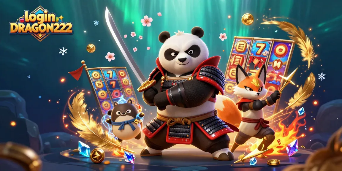 Experience thrilling gameplay with login DRAGON222 featuring samurai panda and ninja fox in vibrant 3D casino scene.