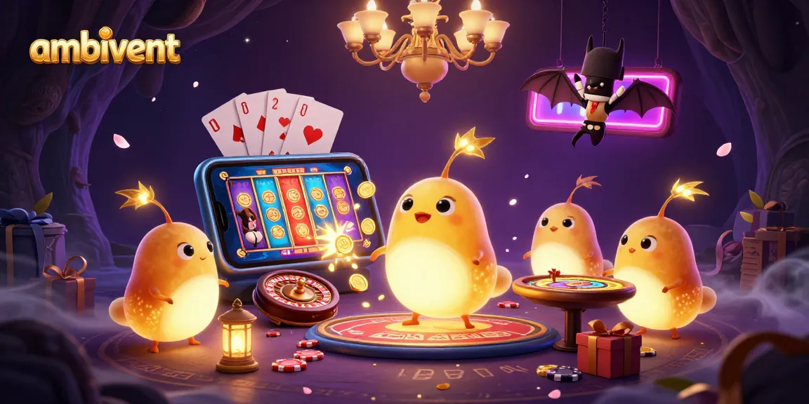Engage with ambivent's exciting bonus buy slots illustrated by glowing worm characters lighting up a cave casino scene.
