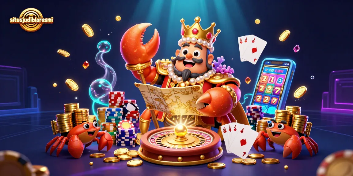 Situsjudibolaresmi showcases a vibrant scene of a golden crab emperor amidst casino elements, elevating betting experiences.