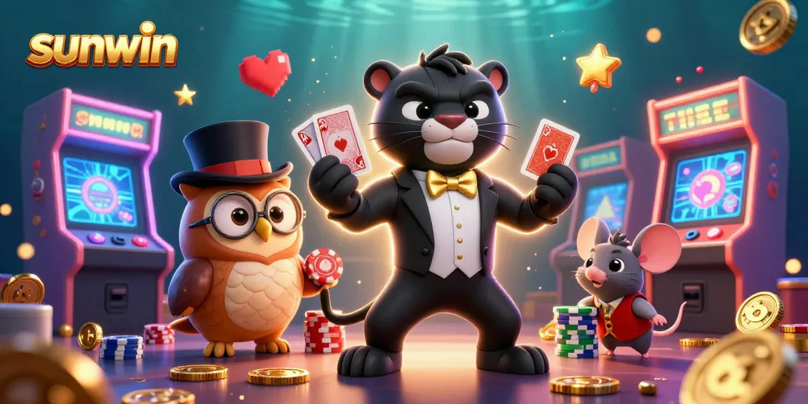 Experience thrilling card games with sunwin as a panther elegantly deals cards amidst vibrant casino elements.