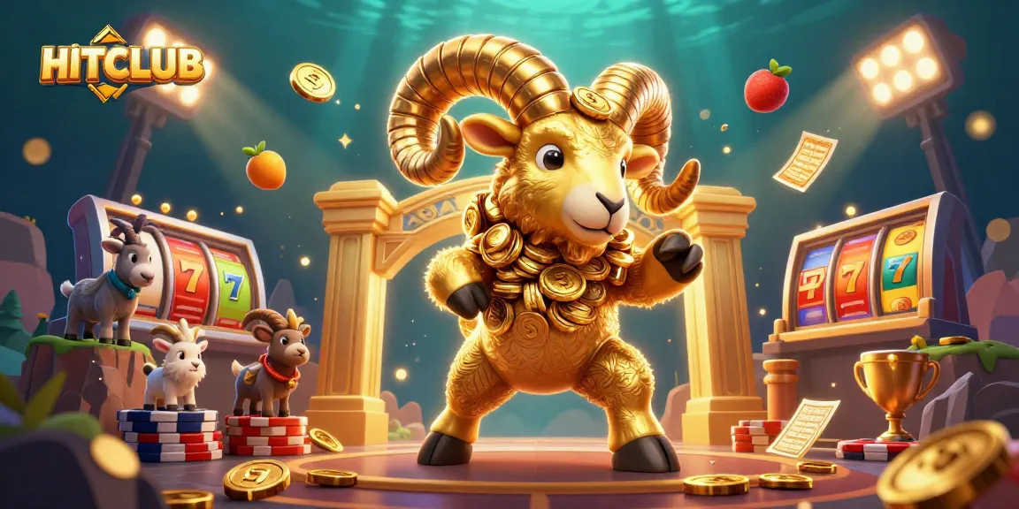 Experience HITCLUB's dynamic casino world with a charging golden ram and flying slot elements.