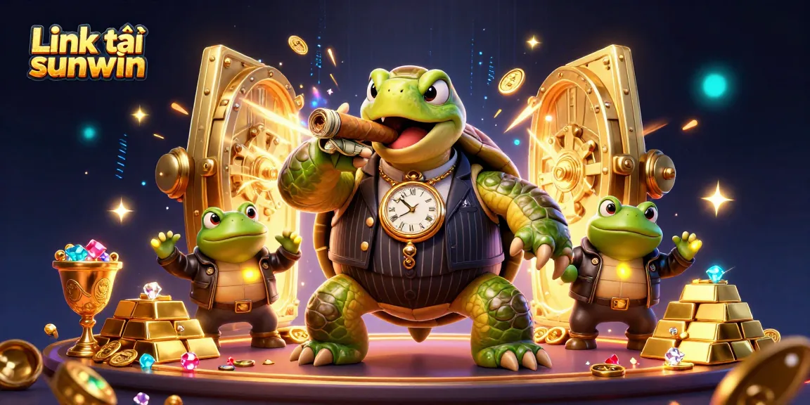 Experience excitement with Link tải sunwin, showcasing a vivid 3D casino scene of a turtle in a mobster suit.