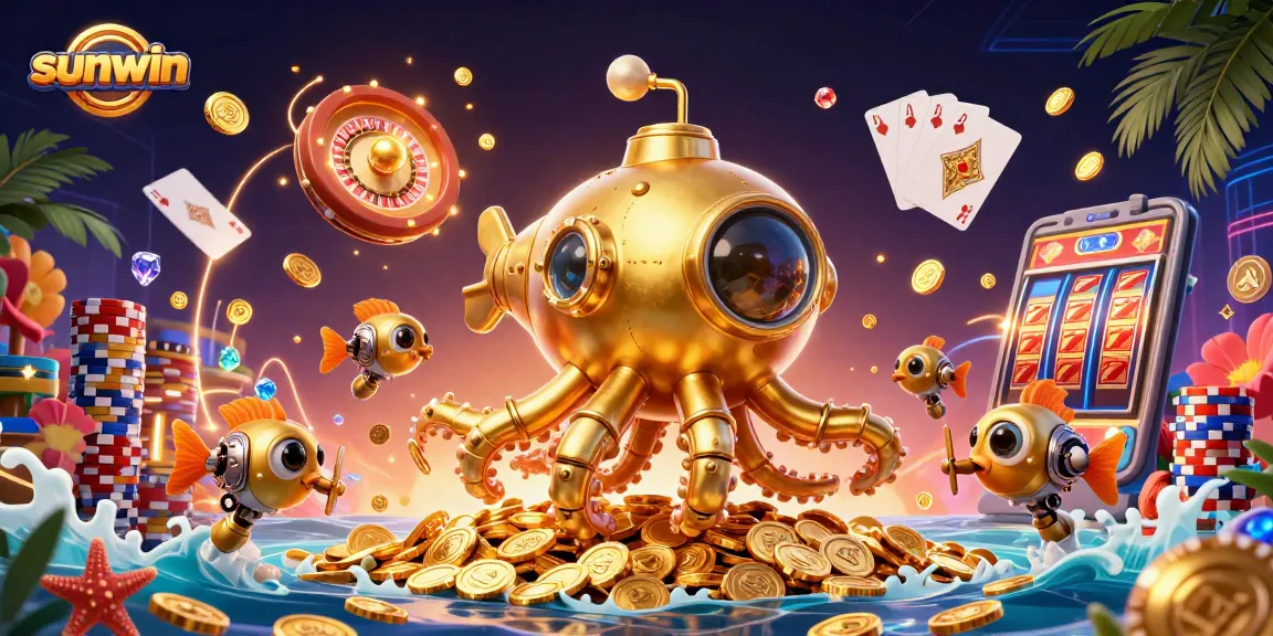 Experience thrilling gameplay with sunwin featuring a golden kraken submarine amidst casino elements.