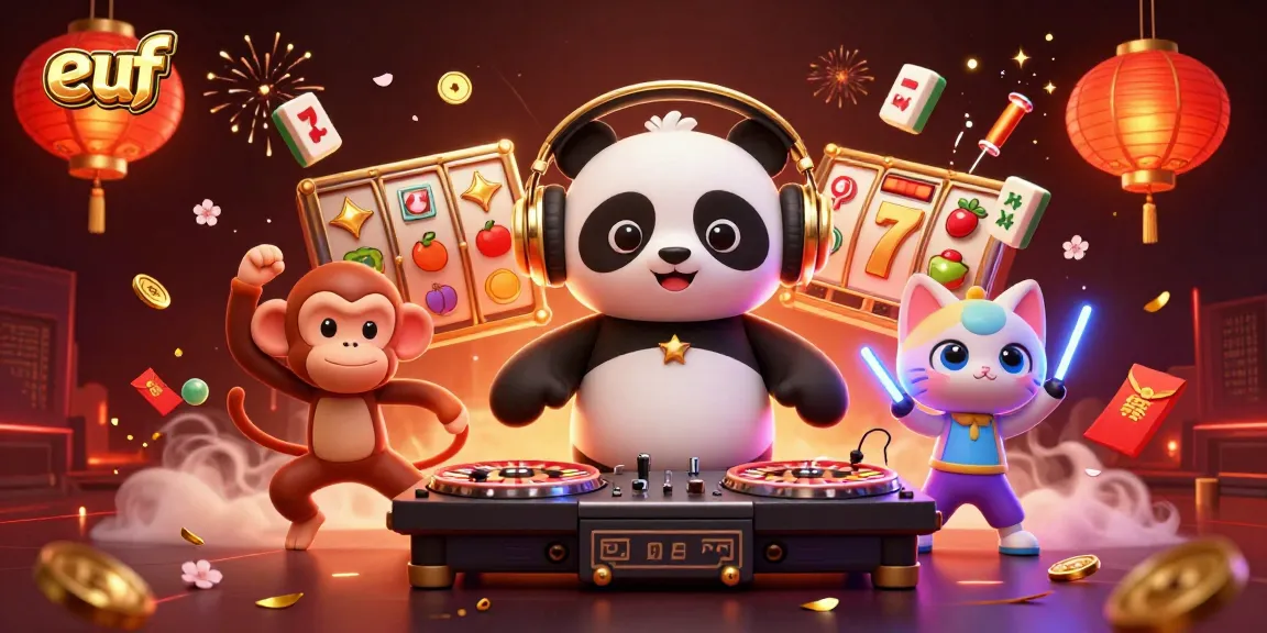 euf guides players spinning slots in a rich casino scene with vibrant energy and fun characters