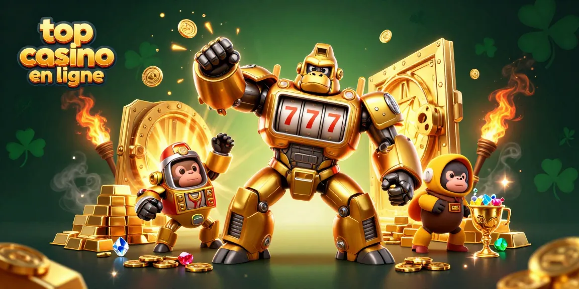 Jouez au top casino en ligne avec un gorille mech en or, machines à sous, et trésors scintillants