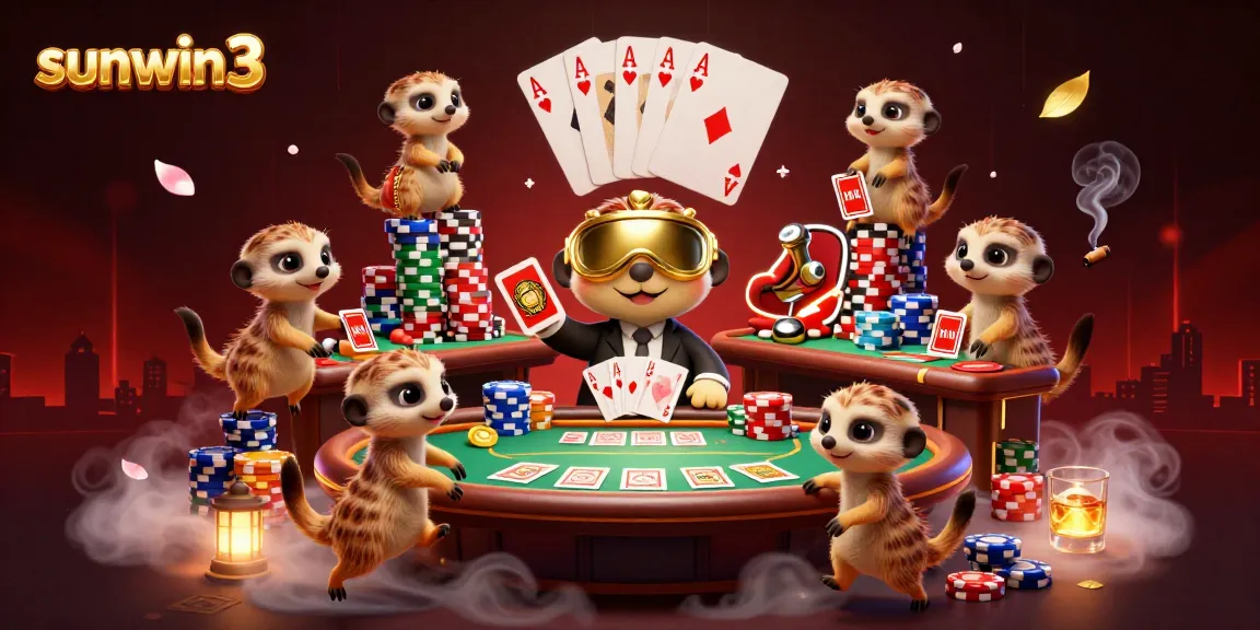 Engage in thrilling poker action at sunwin3 with meerkats managing a vibrant casino scene.