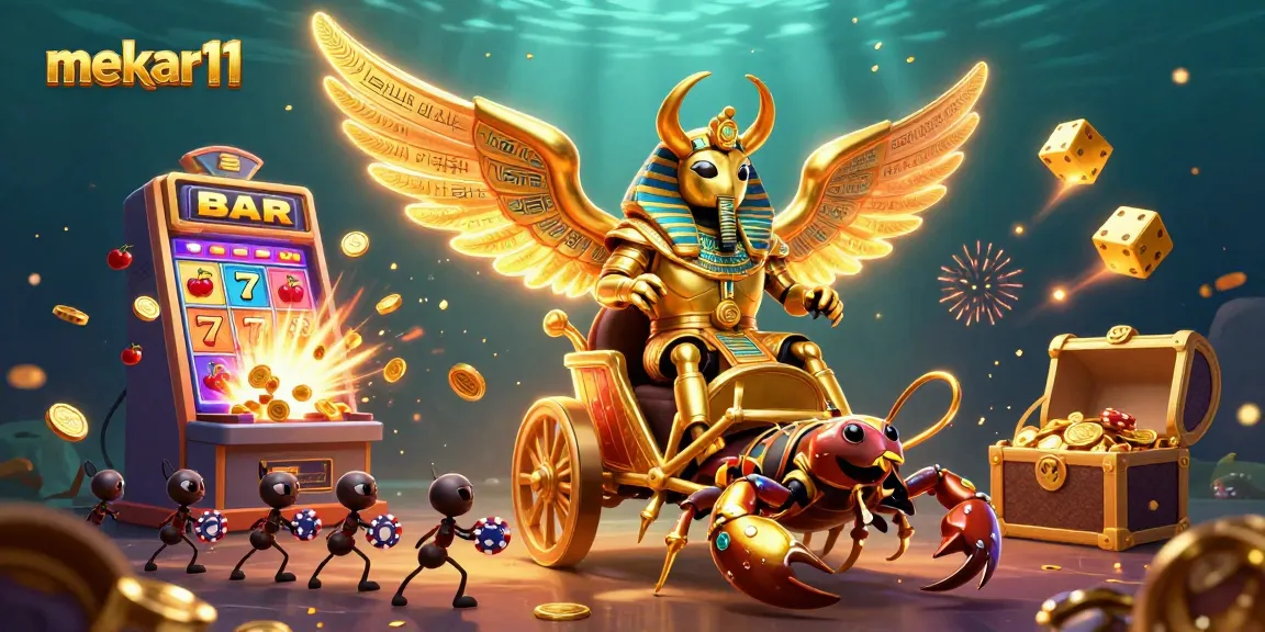 Mekar11 takes center stage in a rich carnival of casino excitement, showcasing vibrant slot symbols and animated gold.