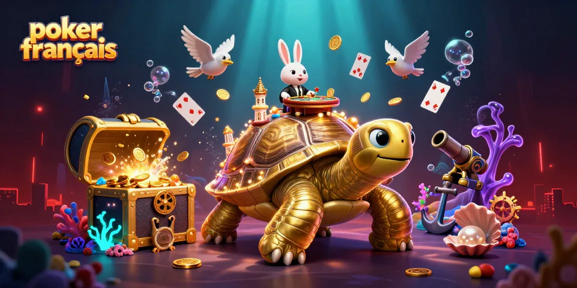 Jouez au poker français avec des personnages animés autour d'une table de jeu scintillante et des éléments riches.