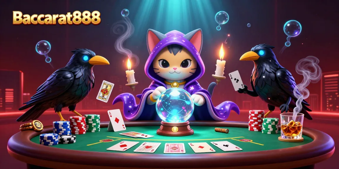 Baccarat888 players enjoying a mystical card game experience with a fortune teller cat, enhancing their gaming strategy.