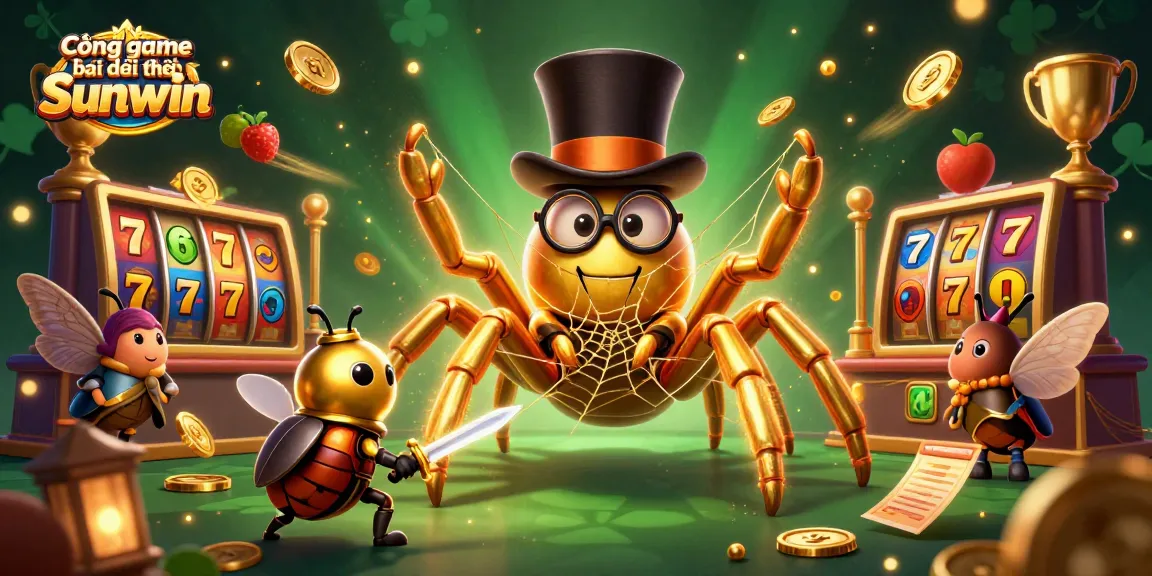 Cổng game bài đổi thưởng Sunwin showcases a vibrant 3D casino with a golden tarantula, beetle knight, and slot reels.